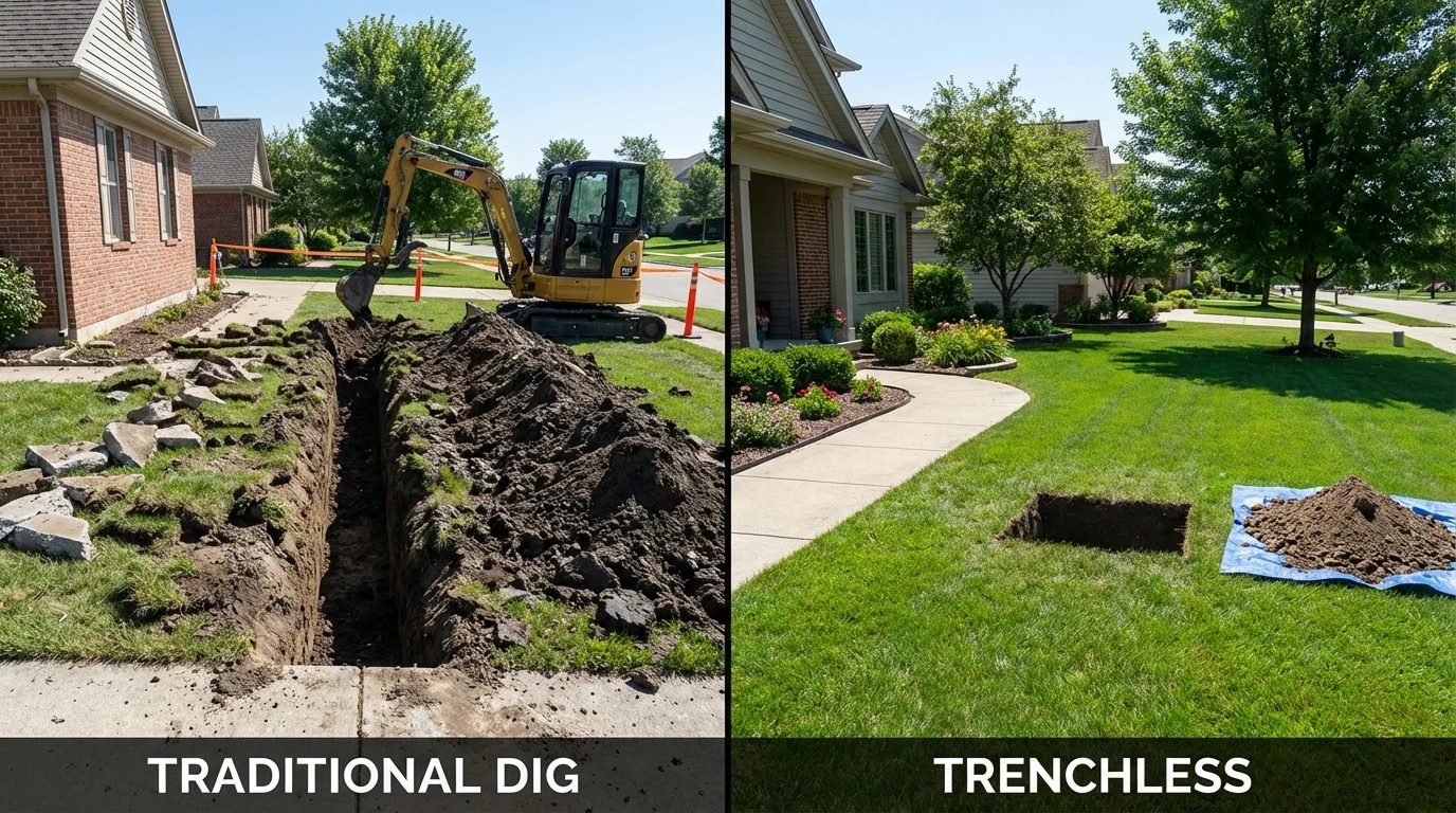 Trenchless sewer repair with minimal yard damage versus traditional excavation in Jacksboro, TX