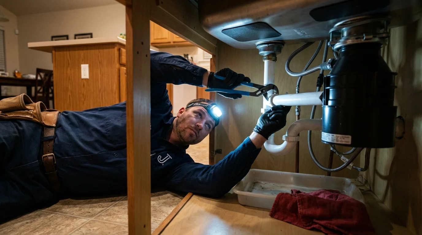 P-trap and supply line connections under a kitchen sink showing a common leak point in Jacksboro, TX